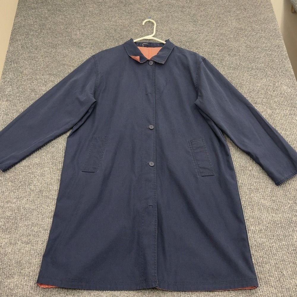 TravelSmith Trench Coat Women XL Navy Blue Lyocell Cotton Gingham Lining Classic